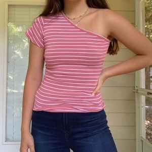 One-Shoulder Knit Pink Striped Top